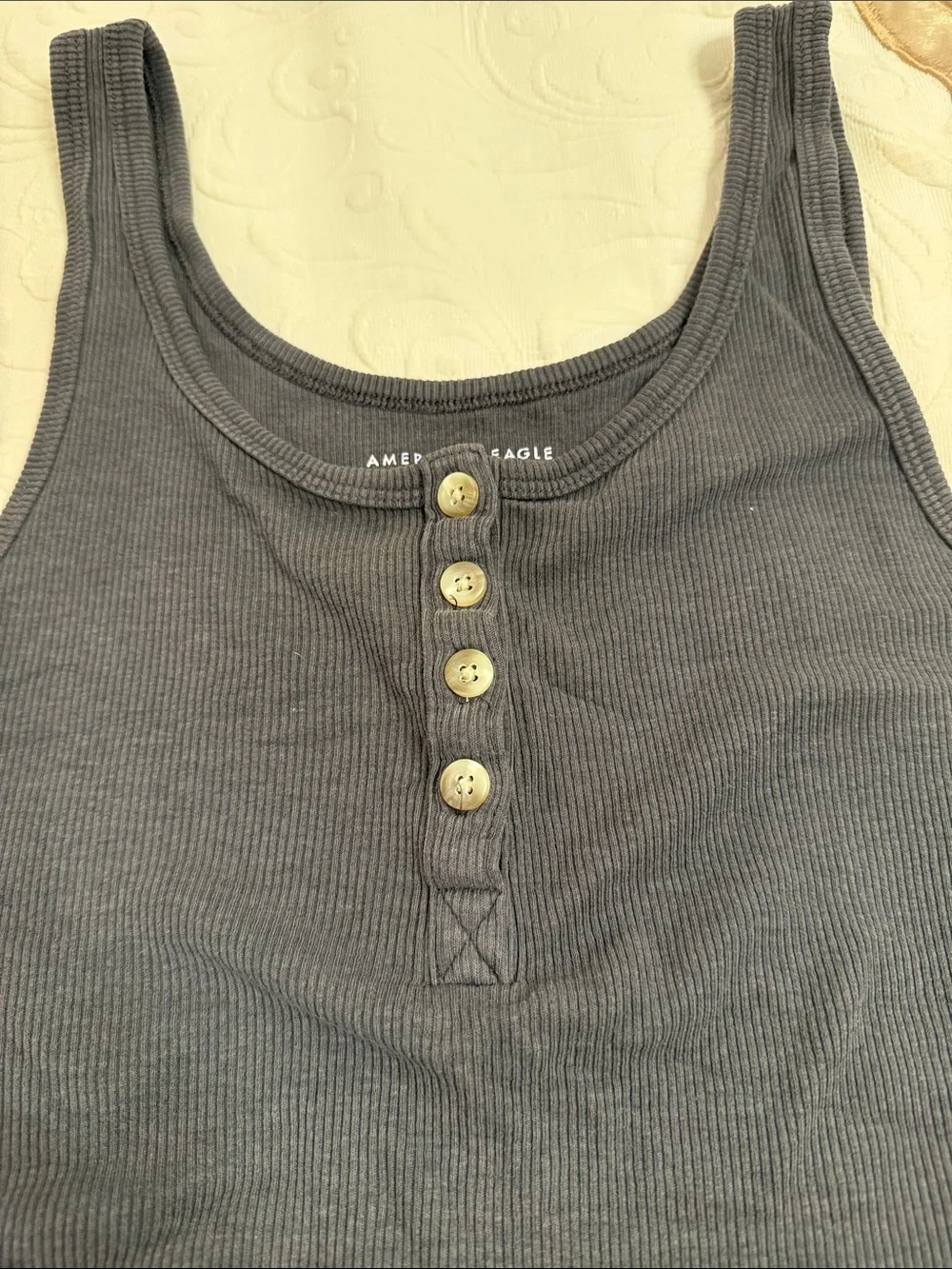 American Eagle Outfitters Black Ribbed Henley Tank with Button Front